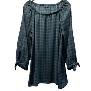 Talbots Womens Semi Sheer Top Sz XL Blue Green Plaid 3/4 Raglan Sleeves Pullover